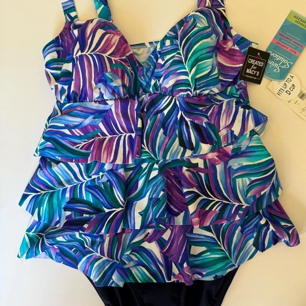 NWT Swim Solutions Women's Tummy-Control Faux-Tankini One-Piece Swimsuit size 10 - Picture 2 of 3
